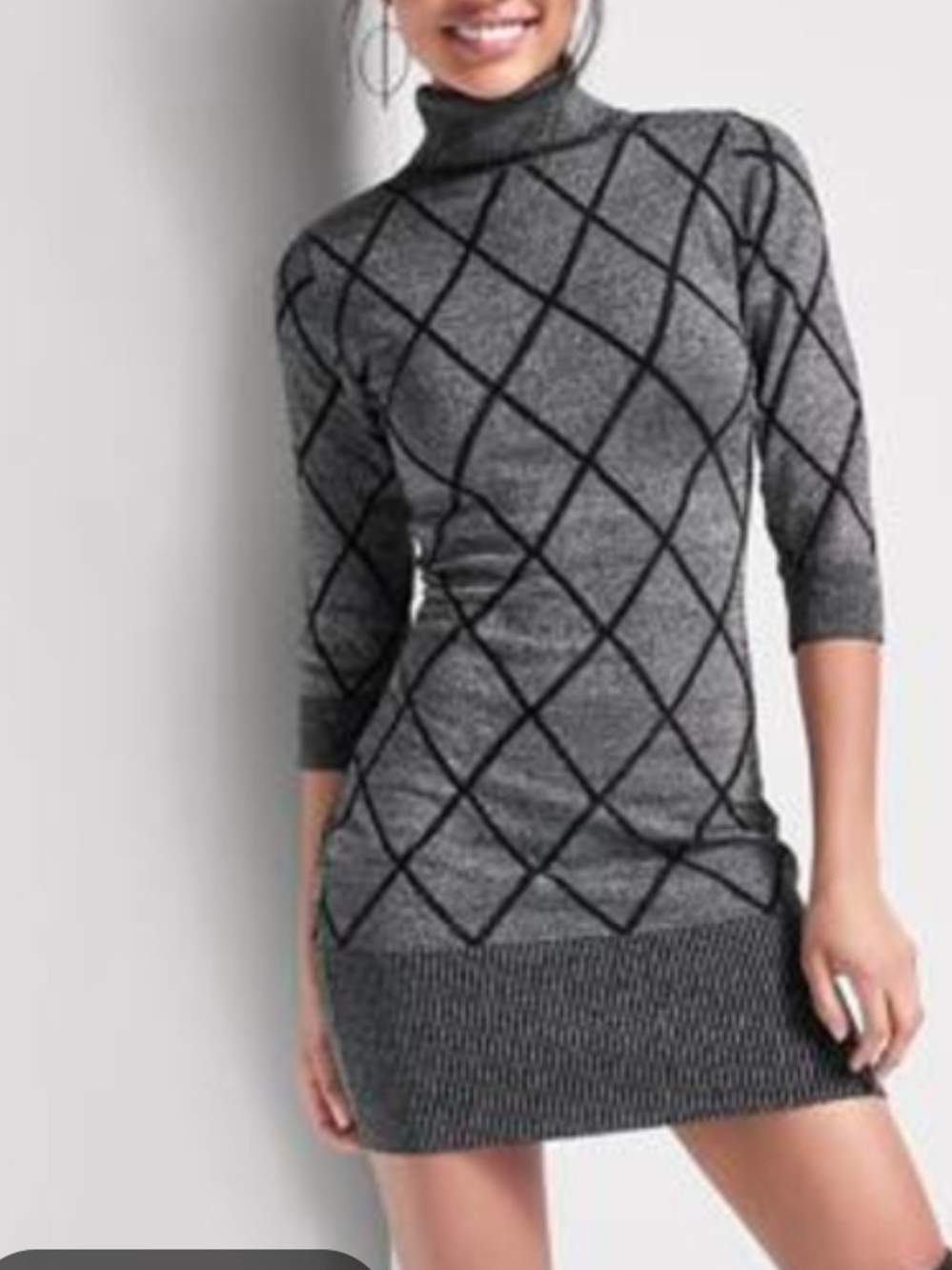VENUS Charcoal Gray Diamond-Pattern Turtleneck Sweater Dress